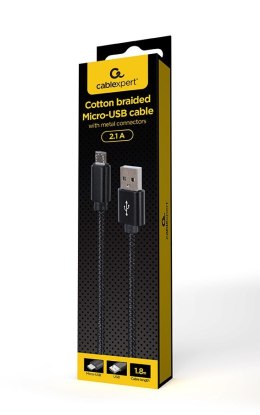 GEMBIRD KABEL USB - MICRO USB W OPLOCIE TEKSTYLNYM, WTYKI W OSŁONIE METALOWEJ 1.8M, ŁADOWANIE/TRANSMISJA DANYCH, CZARNY